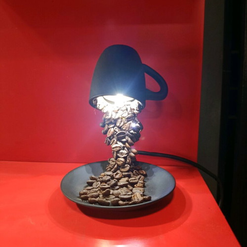 Handmade table lamp with porcelain, coffee beans, and 12 LED lights
