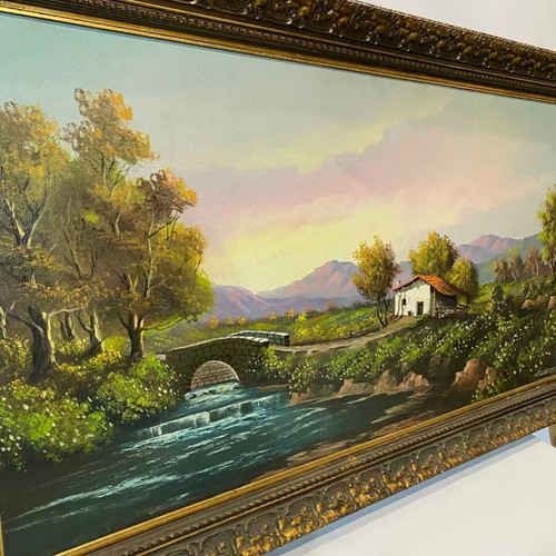 Vintage painting with artist signature used, 80x140 cm