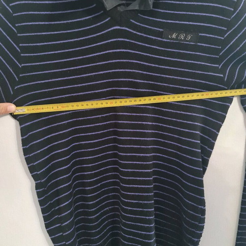 Martini knitted blouse XL used, black with purple stripes and collar