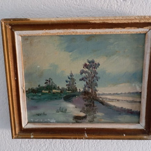 Retro landscape oil painting used, impressionist style with river and trees