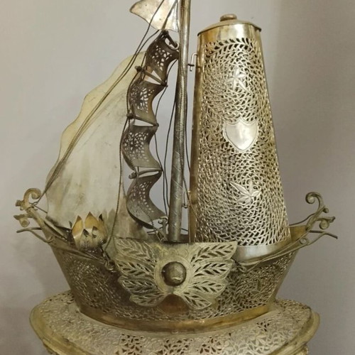 Vintage perforated metal boat lamp with lighthouse, used