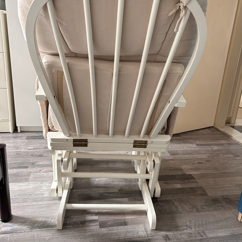 Rocking nursing chair like new, white wooden frame, beige fabric