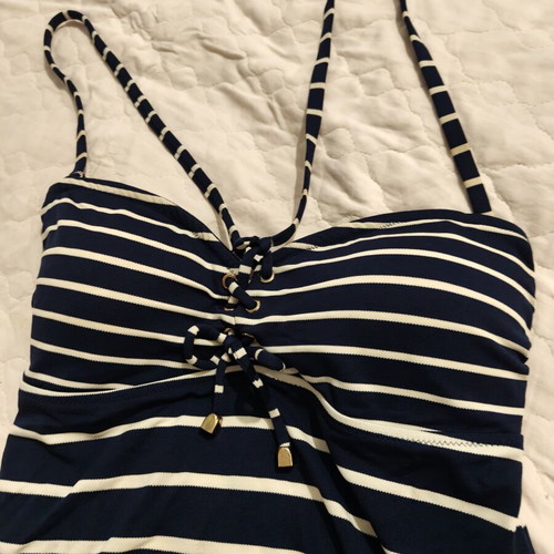 Women's swimsuit navy blue with white stripes, size M