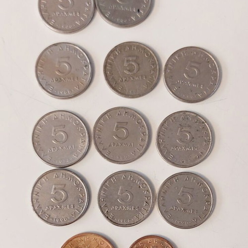 Greek coins used, set of 13 drachmas including Aristotle 5 drachmas