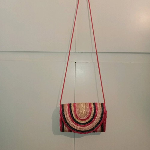 Primark women's straw handbag hand-held like new, red and pink