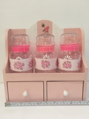 Handmade shelf with 3 jars and 2 drawers new