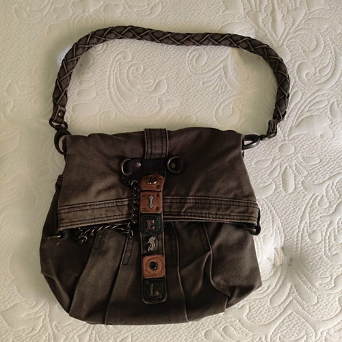 Diesel vintage grey cotton shoulder bag with leather trim like new