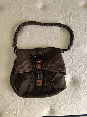 Diesel vintage grey cotton shoulder bag with leather trim like new