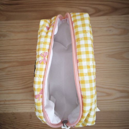 Set of 3 Quilted Makeup Bags Yellow Plaid with Pink Bows