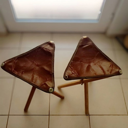 Wooden folding tripod stools refurbished, set of 2