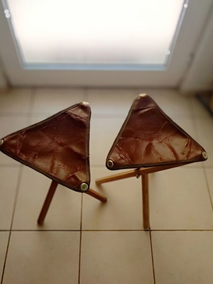 Wooden folding tripod stools refurbished, set of 2
