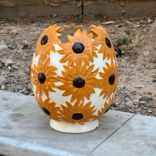 Collectible ceramic vase with sunflowers used, handmade 1978