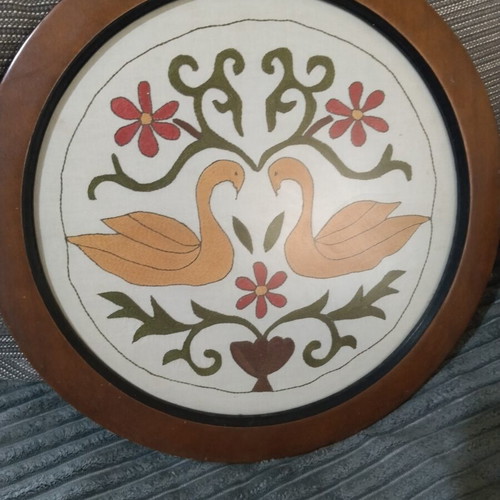 Old embroidery framed, diameter 42 cm, used, Skyrian style
