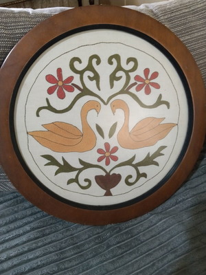 Old embroidery framed, diameter 42 cm, used, Skyrian style