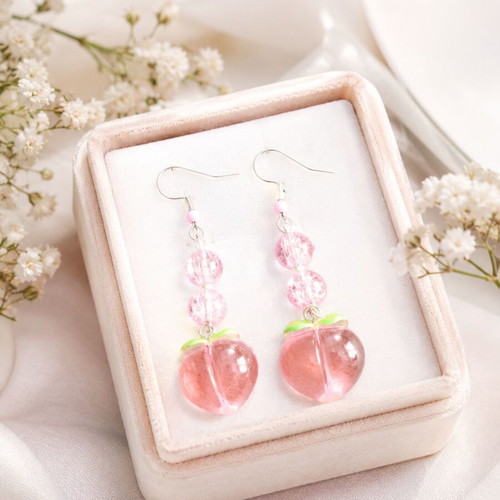 3D Sweet Peach Earrings handmade, pink resin and crackle beads