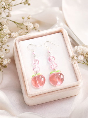 3D Sweet Peach Earrings handmade, pink resin and crackle beads