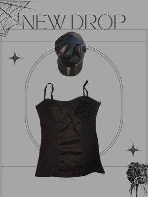 Black satin corset style top used, floral detail, size S