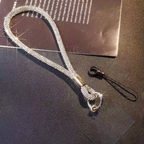 Mobile phone strap new with rhinestones in silver color