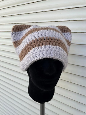Handmade beanie with cat ears striped white and brown, new