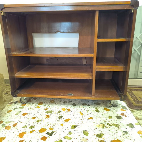 Vintage beechwood cabinet with wheels and glass doors