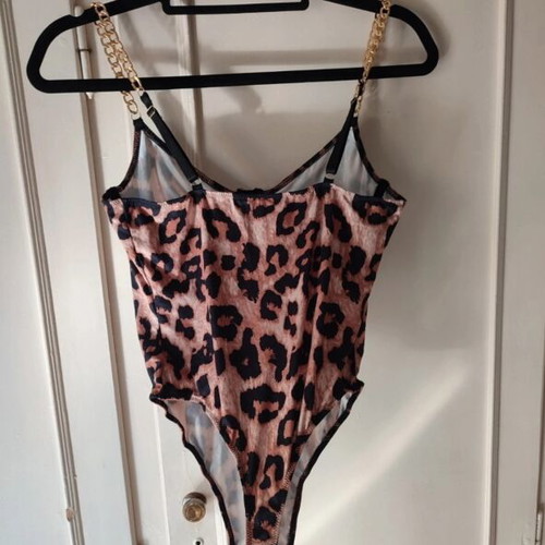 Leopard Print Bodysuit with Gold Chain, One Size, like new