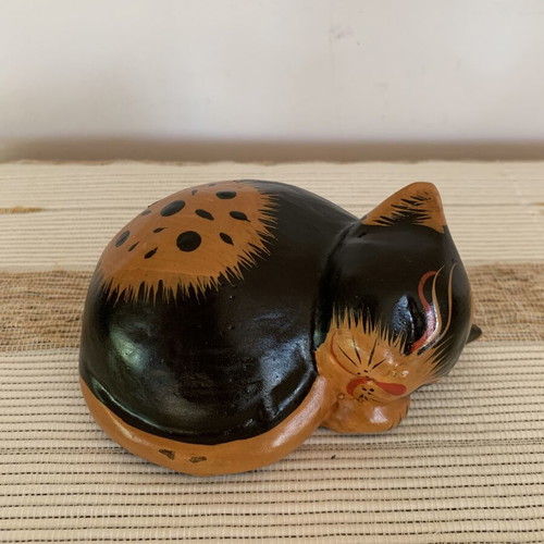 Wooden Sleeping Cat Figurine like new, hand-carved and painted