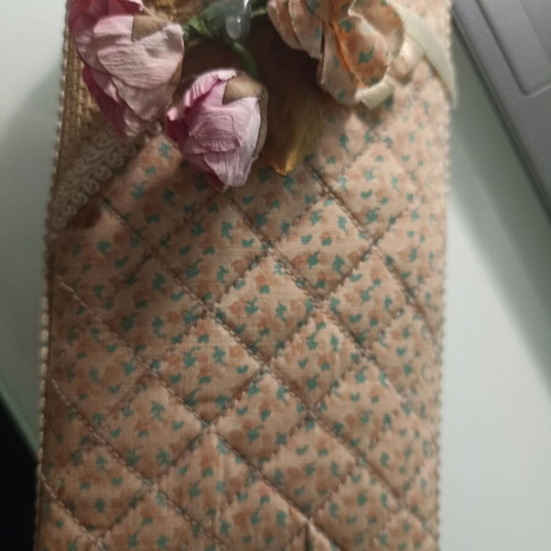 Fabric and straw jewelry box, beige and pink