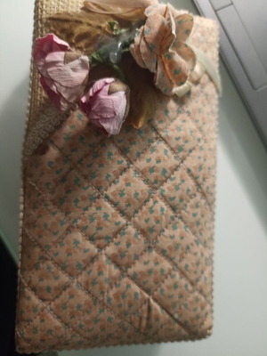 Fabric and straw jewelry box, beige and pink
