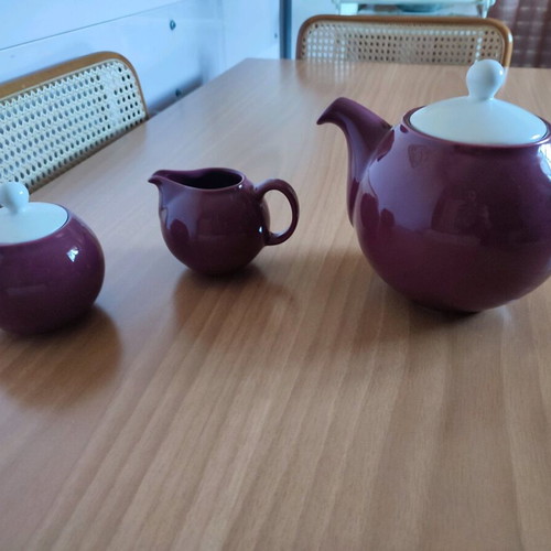 Clay teapot, sugar bowl and creamer with white lid, maroon, new