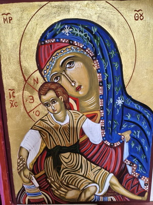 Panagia handmade icon of Mount Athos style with 18k gold leaf new