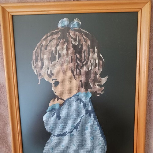 Vintage embroidered picture child praying like new 37x25 cm
