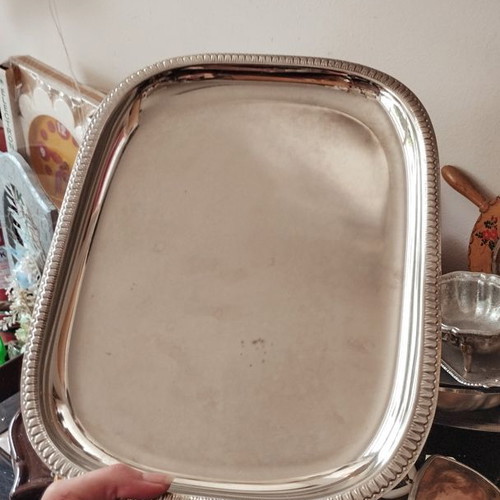 Vintage silver-plated tray with raised detailed border like new