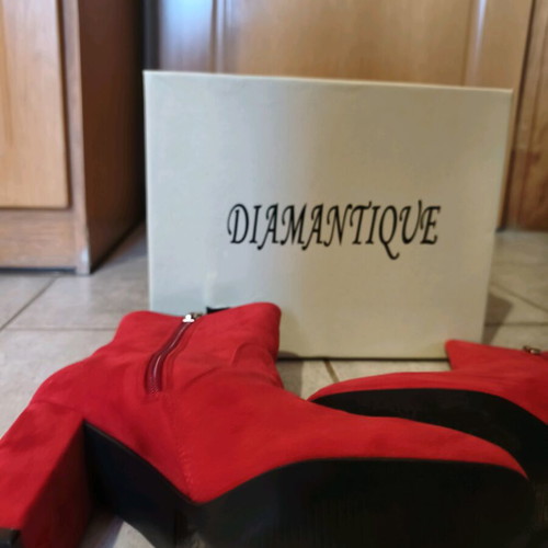 Diamantique red suede ankle boots like new, size 39