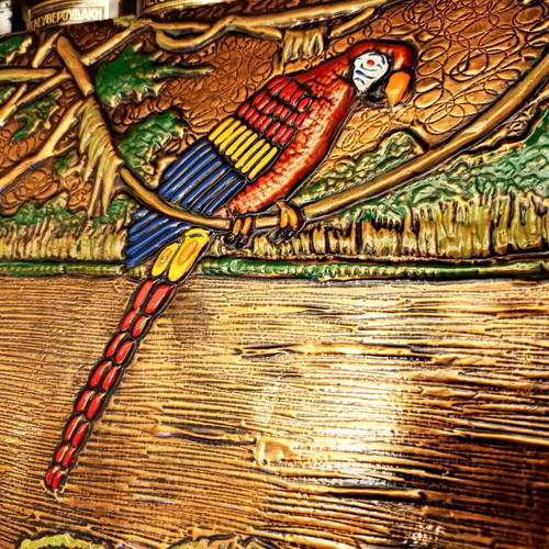 Handmade chalcography 1987 with parrot and exotic landscape like new