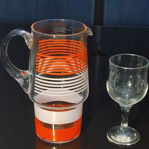 Glass vintage pitcher like new, orange-white