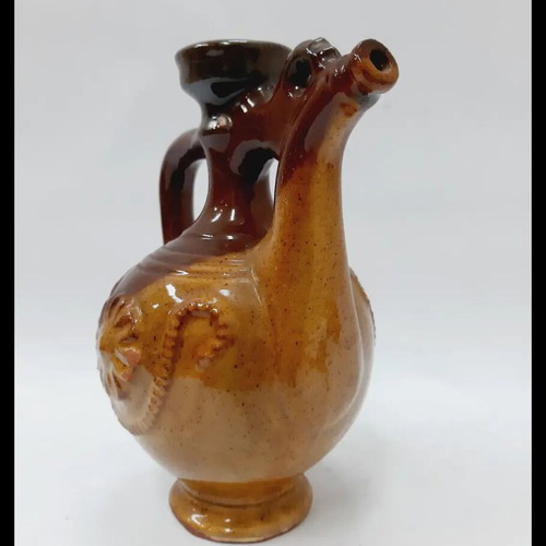 Vintage Troyan Ceramic Jug handpainted, brown and beige, 14 cm