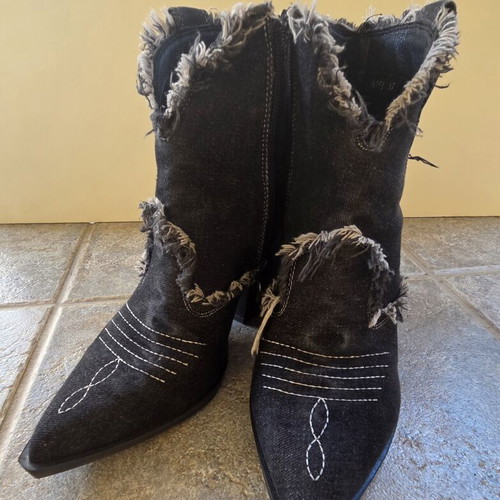 Cowboy boots black denim ankle with zipper, pointed toe, 8cm heel like new