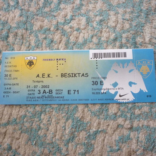 Aek-Besiktas Football Ticket International Friendly Match 31/7/2002