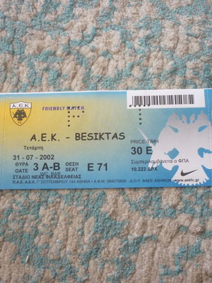 Aek-Besiktas Football Ticket International Friendly Match 31/7/2002