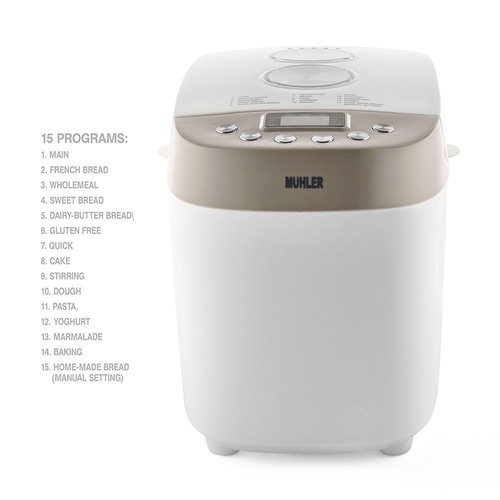 Muhler MBM-1509 Bread Maker new, two kneading paddles, white-gray