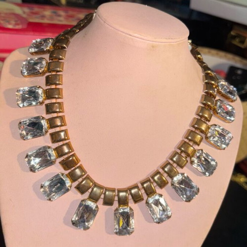 Necklace with rhinestones and extension chain, new, gold-colored