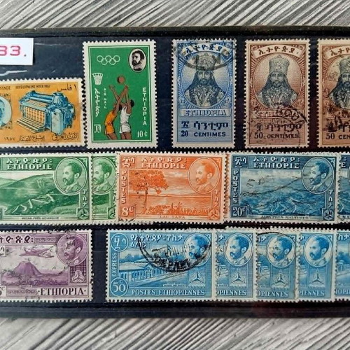 Ethiopia stamp card used, 1930s-1950s plus 1 Iran stamp