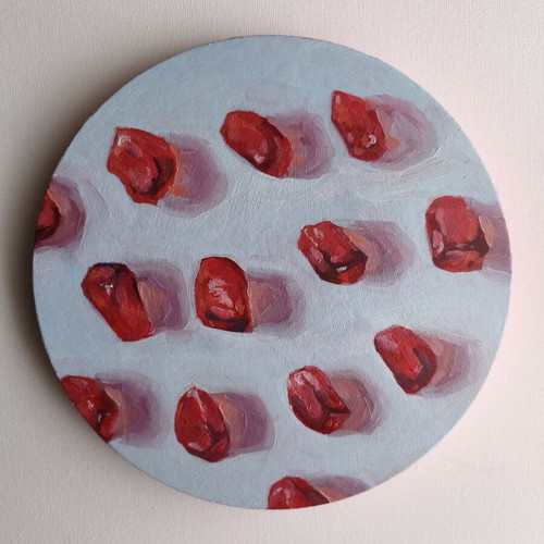 Handmade circular painted canvas like new with pomegranate seeds
