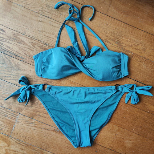 H&M Bikini Set Petrol / Emerald with Strapless Top & Slip with Rings (Size S / 36)