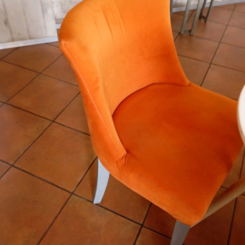 Fabric chairs used, 6 pcs, 2 small tables and 4 handmade painted wooden tables