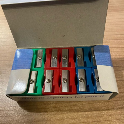 Box of 24 plastic sharpeners green, red, blue new