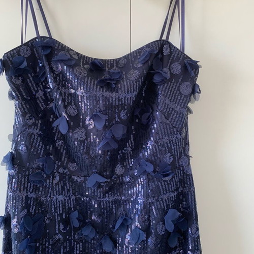 Eliza J maxi evening dress with sequins and 3D petals, like new, navy blue
