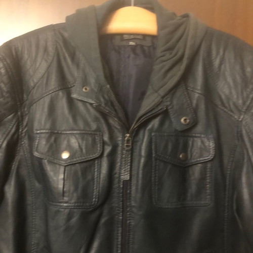 Leather jacket used with fabric hood blue XXL