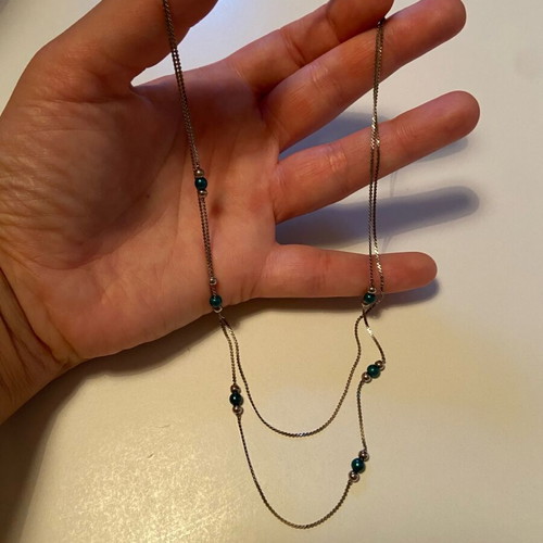 Double silver women's necklace with green beads refurbished