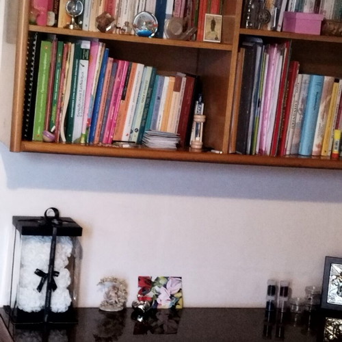 Wooden desk with glass and three drawers and bookshelf set like new